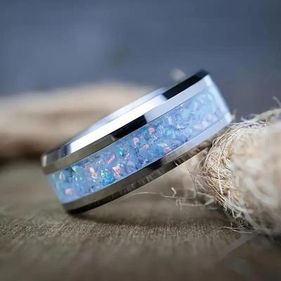 8mm Edelstahl Ring mit abgeschrägter Kante und Vollpavé Blauopal