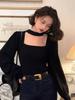 Sweaters Autumn and Winter The New Niche Bubble Sleeves Square Neck Bottoming Shirt and Long-sleeved Knitted Tops.