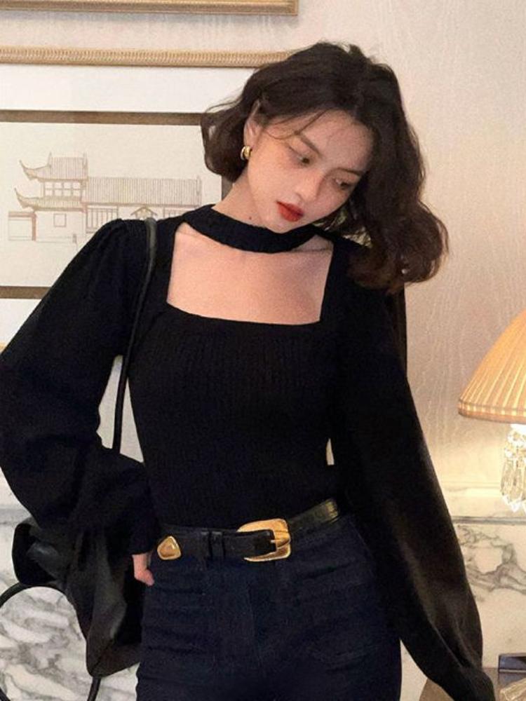 Sweaters Autumn and Winter The New Niche Bubble Sleeves Square Neck Bottoming Shirt and Long-sleeved Knitted Tops.