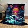 Vibrant waves, neon sunset, clouds, and detailed cityscape converge. for all seasons blanket lunch break throw gift