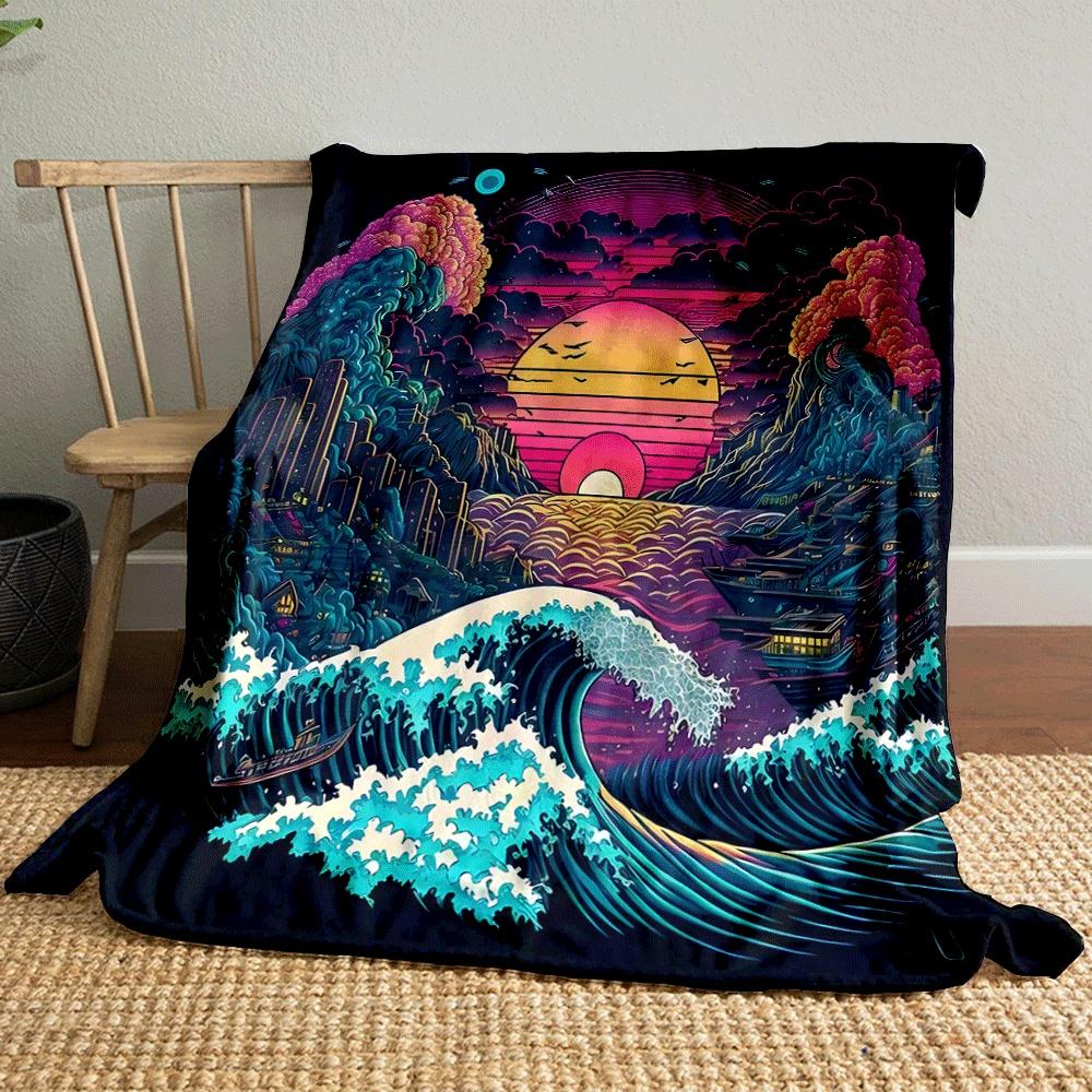 Vibrant waves, neon sunset, clouds, and detailed cityscape converge. for all seasons blanket lunch break throw gift