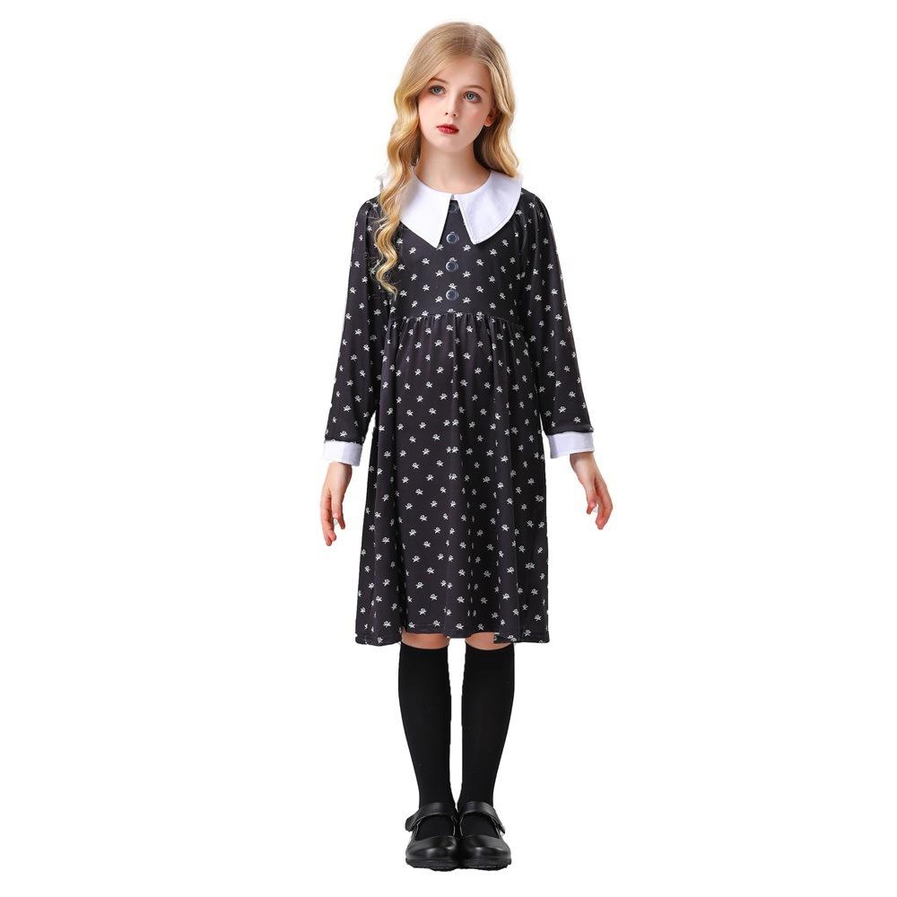 New Children's Girls Halloween Adams Costume Party Stage Costume Long Black Dress