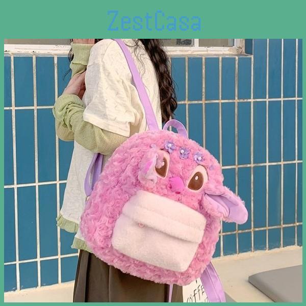 Cute Pink Cartoon Angel Flower Decor Plush Backpack For Students Use Daily