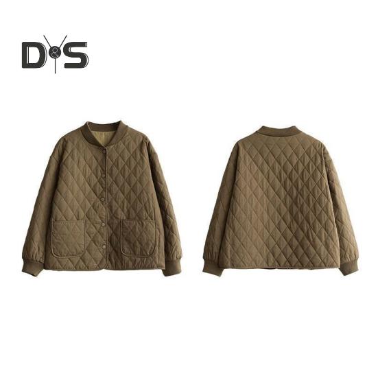 Damenjacke Stehkragen Langarm Rautenstruktur Einreihig Elastische Bündchen Einfarbig Taschen Sport Lady Coat