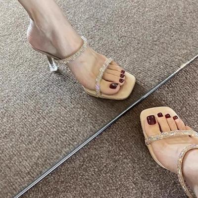 Women's Sandals 2025 New Square Toe Rhinestone High Heels Half Drag Women's Shoes Summer High Thin Heels Transparent Slippers