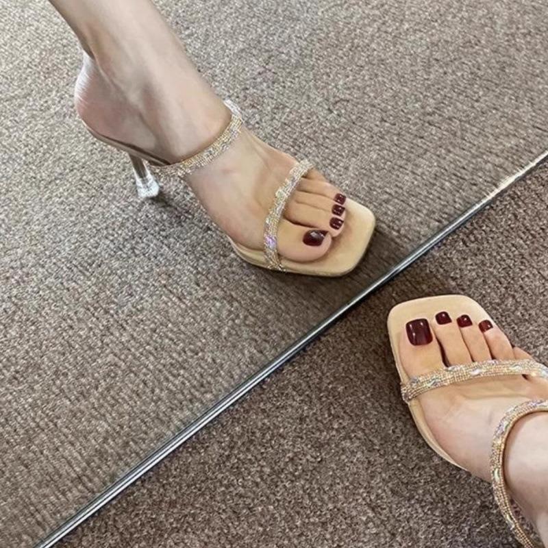 Fashion Women's Sandals 2025 New Square Toe Rhinestone High Heels Half Drag Women's Shoes Summer High Thin Heels Transparent Slippers