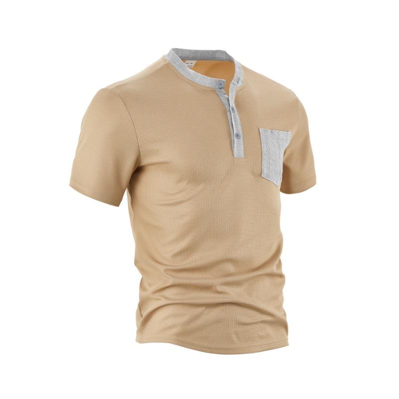 Men's New Summer Patch Pocket Placket Color Block Polyester Waffle Henley Shirt