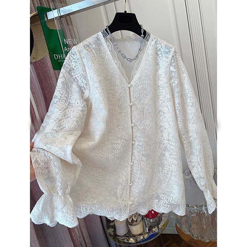 

Женская кружевная рубашка высокого класса 2025 ранняя весна новая внутренняя базовая рубашка европейский топ высокого класса 3XL (recommended 138-75kg)