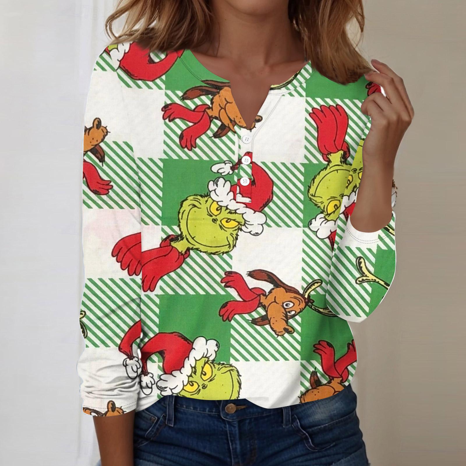 

Женская модная повседневная блузка с V-образным вырезом, длинным рукавом и декоративными пуговицами, с рождественским принтом XL зелёный