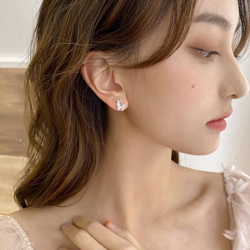 Beixi S925 Sterling Silver Butterfly Stud Earrings for Women - Mini Diamond Design for Everyday Wear
