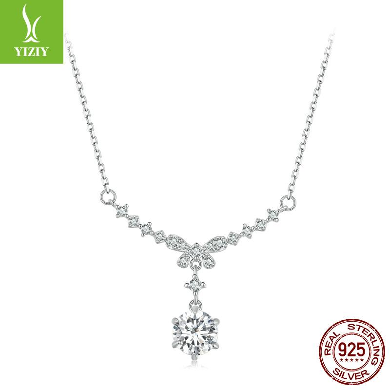 One Carat Bow Mozzarella Diamond Necklace Women, Elegant Luxury Style S925 Sterling Silver Collarbone Chain