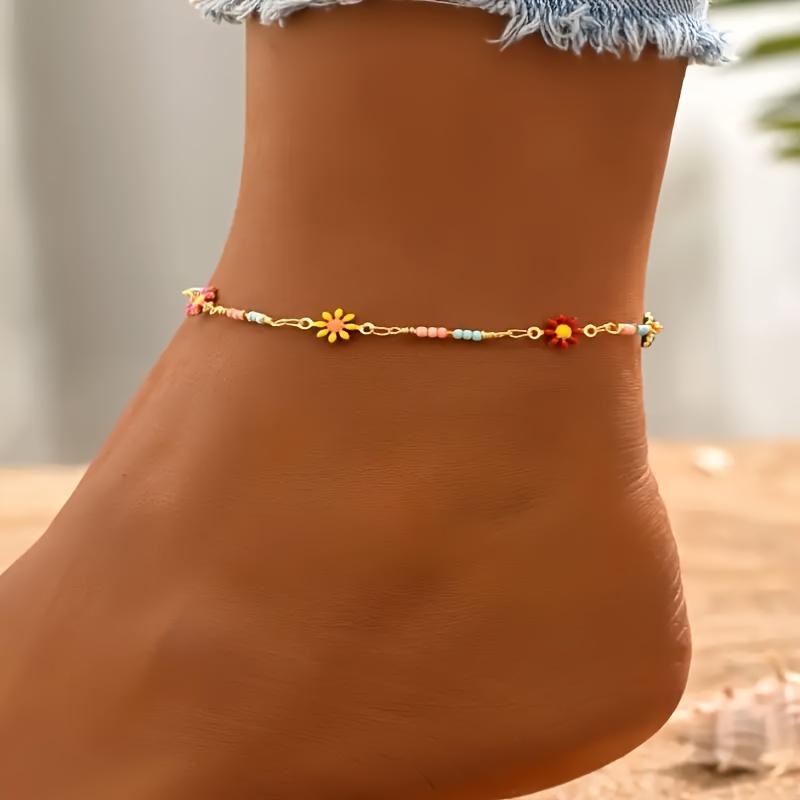 Colorful Chrysanthemum Boho Beach Anklet, Fashion Minimalist Floral Foot Jewelry