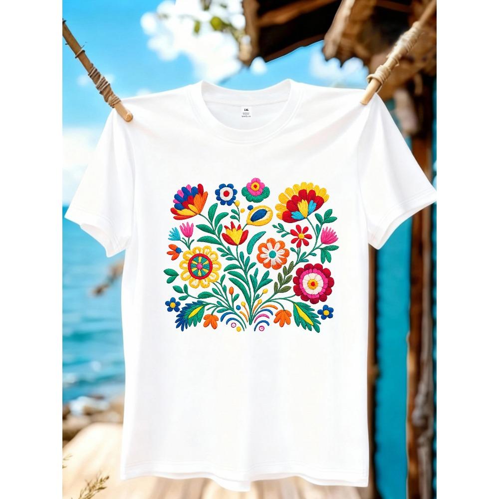Creative flower print plus size women s round neck summer casual short sleeved street fashion versatile T-shirt M