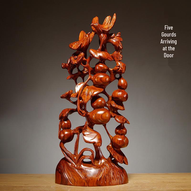 Karin Wood Carved "Five Blessings" Gourd Ornament - Chinese Root Carving Decoration, Ideal for Opening Ceremonies or Housewarming Gifts