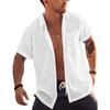 Herren Kurzarm Button Up Hemden Leinen Baumwolle Strand Tops Umlegekragen Sommer T-Shirt mit Tasche