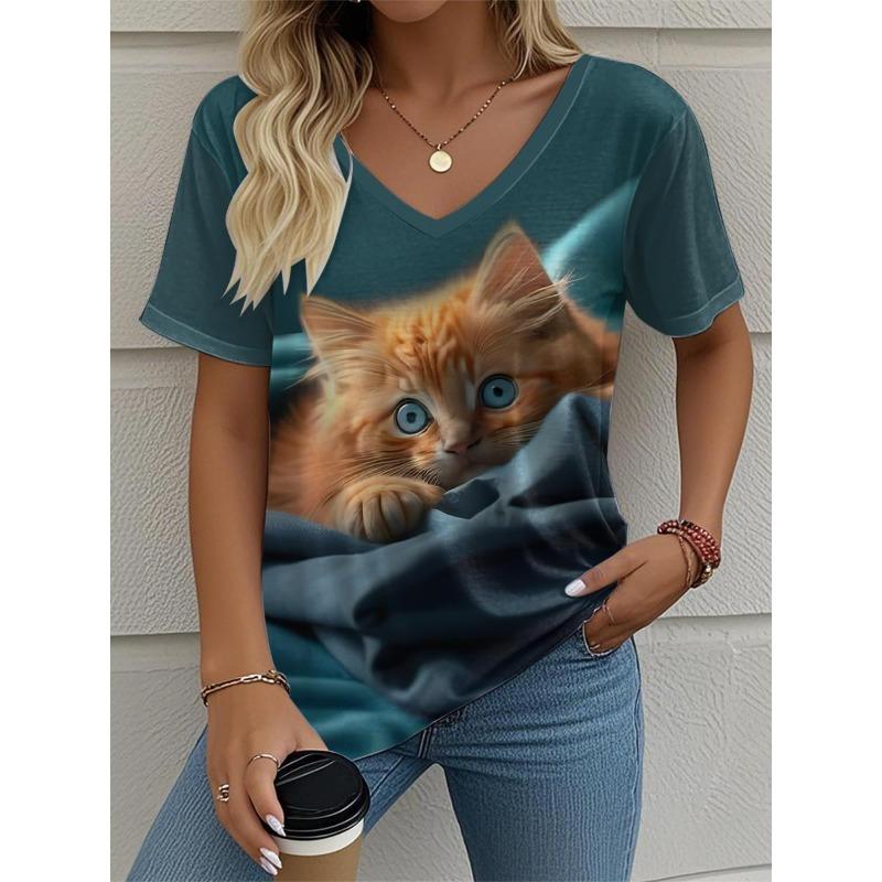 2025 New Cat Women's V-Neck T-Shirt Summer Outdoor Fashion Short Sleeve Tops Animal Printed Patterns OverSize Women's Clothing