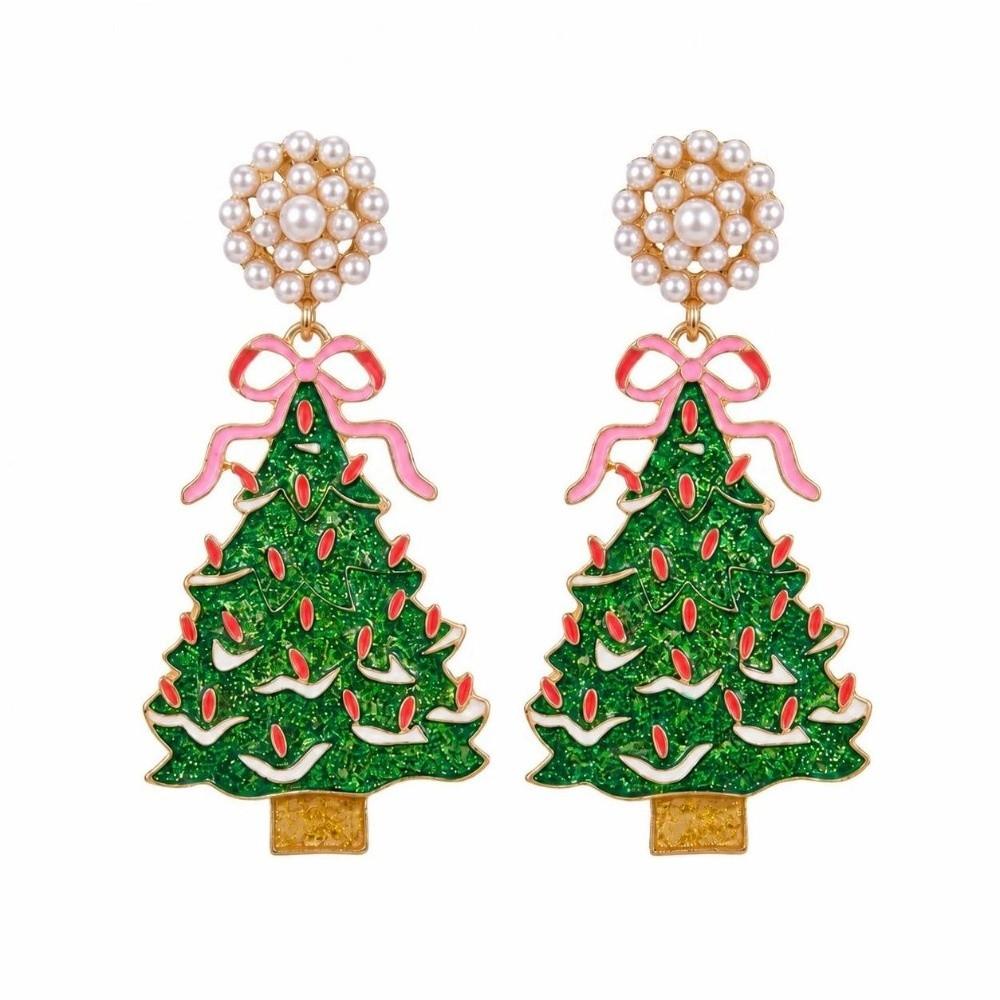 1 pair Simulated Pearl Christmas Drop Earrings Glitter Finish Holiday Jewelry Women