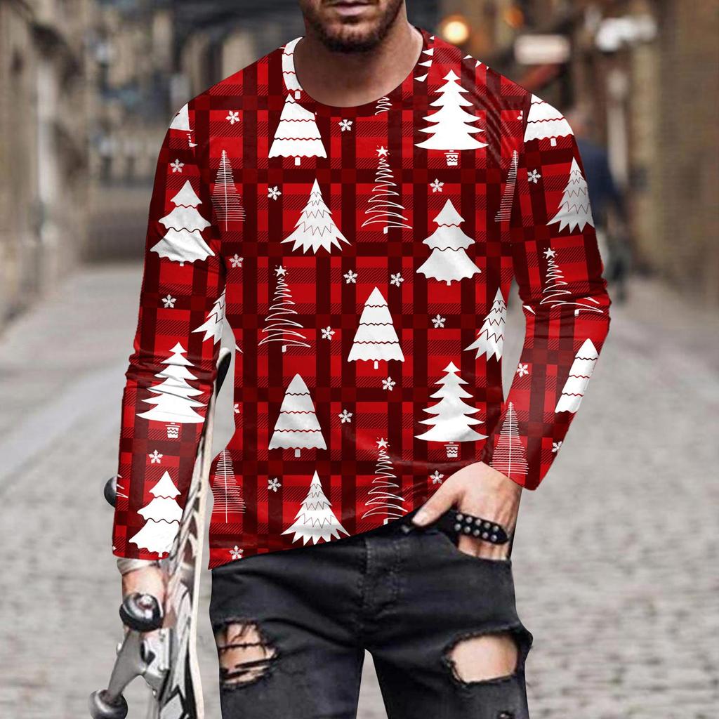 Men's Fashion Casual Christmas Printed Long Sleeve O-Neck Shirts Tops Blouse