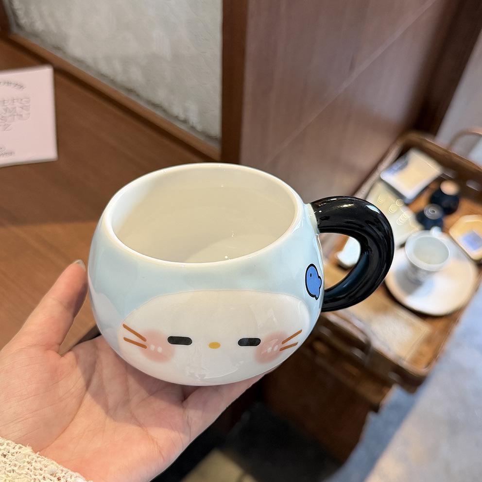 Katzenbecher mit Deckel Löffel hoher Wert Ins-Stil Paarbecher Keramik Trinkbecher für Mädchen Geburtstagsgeschenk