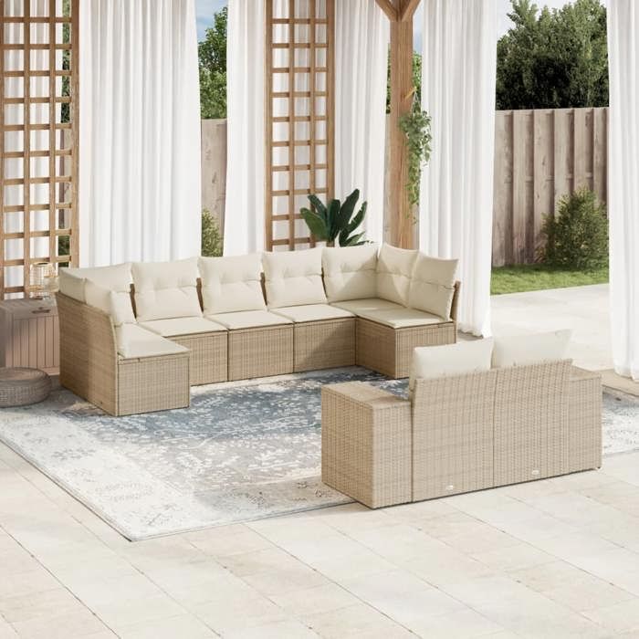 VidaXL Salon de Jardin avec Coussins 9 pcs, Canapés de Terrasse, Ensemble de Meubles de Patio, Mobilier d'Extérieur, Beige 3255355