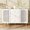 Sideboard Chest of Drawers 2 Cabinets 3 Drawers, Rattan Wood, Country Style, Side Cabinet, White, 120cm, Bedroom/Living Room/Dining Room