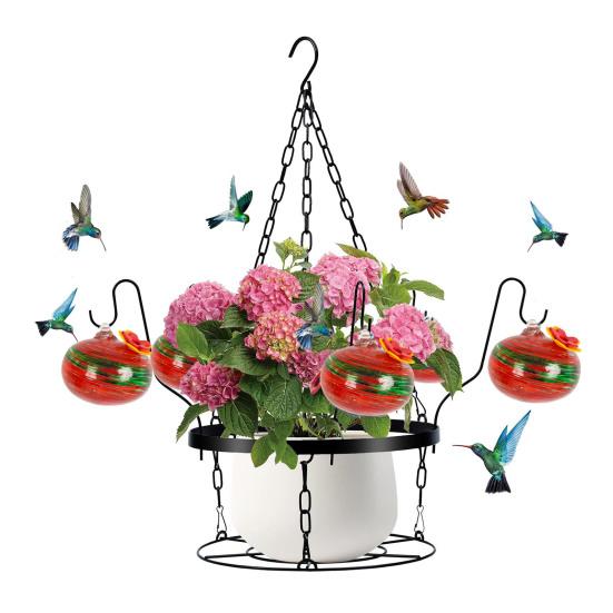 

Кормушка для колибри из выдувного стекла ручной работы 2-в-1 Подвесной металлический держатель для кашпо E