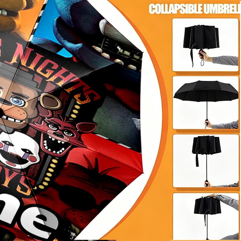 Custom Name Personalized Five Nights at Freddy's Print Umbrella, Auto Open Close, 8‑Rib Sturdy Frame, Commute Camping Hiking Use, Birthday Gift