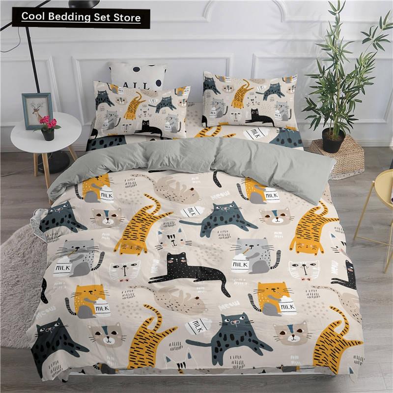 Cartoon Bedding Set Cute Cats Printed 3D Duvet Cover Set Twin Full Queen King Double Sizes Pillowcase Bedclothes Soft Polyester