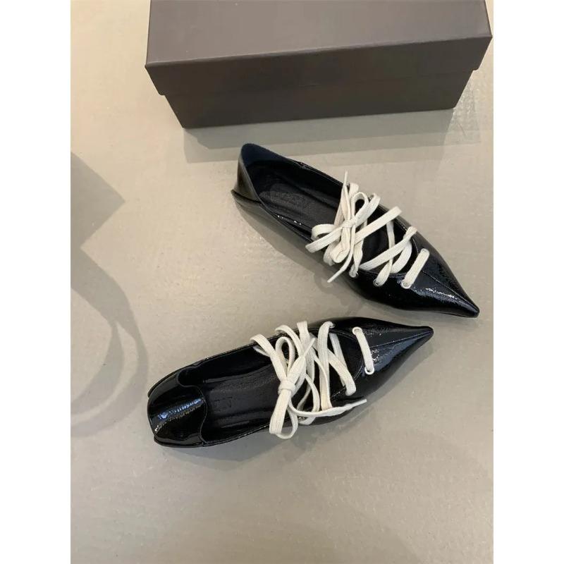 Two-Way Wear Sharp Head Bright Leather Shoelace French Retro Slip-On Small Single Shoes Spring Autumn Season Ladies Casual Shoes