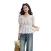 Mishow French Embroidered Puff Sleeve V-Neck Blouse