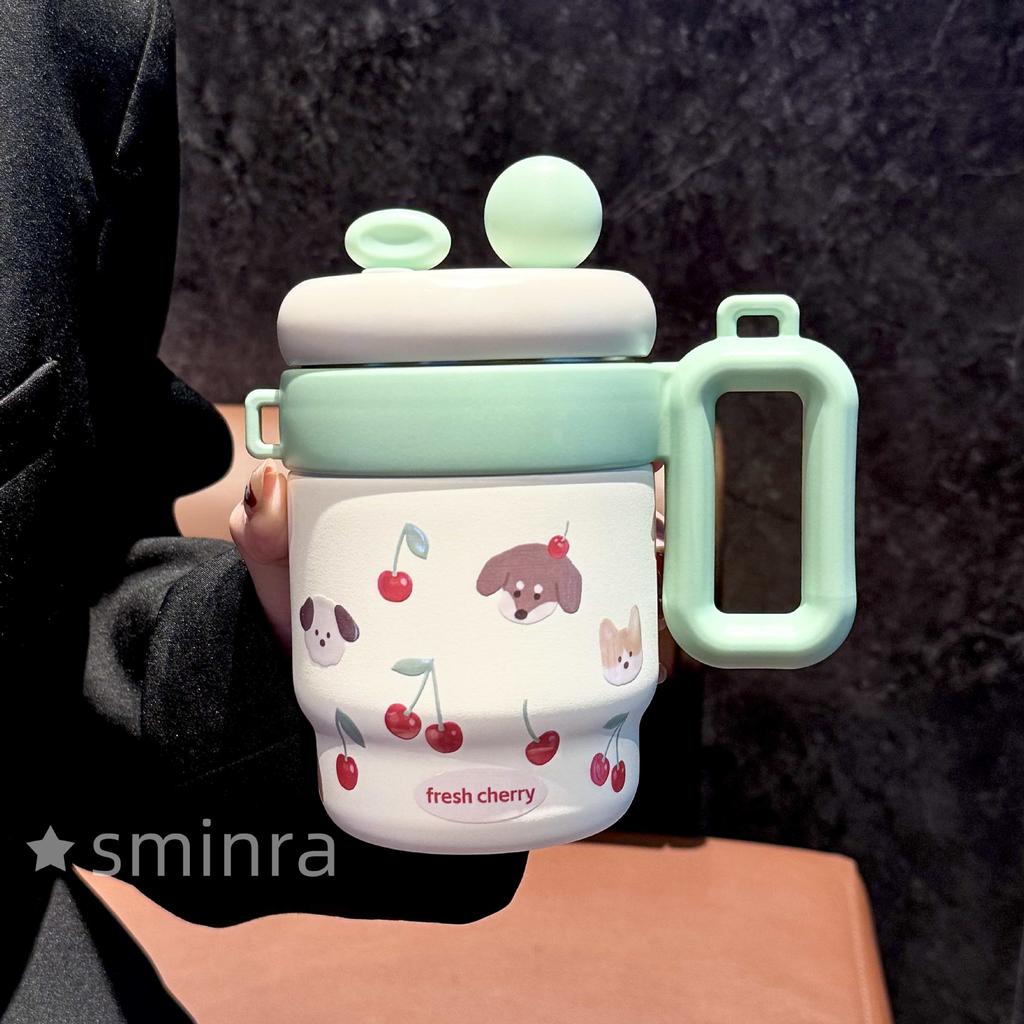 Thermos Cup Cartoon Handle Cup Student Portable Double Drink Straw Cup Stainless Steel Water Cup