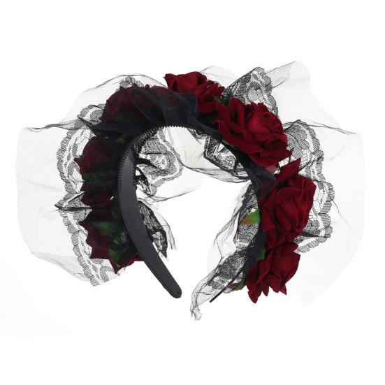 Halloween Rose Flower Headband for Women Gothic Black Lace Red Rose Hairbands Lolita Lace