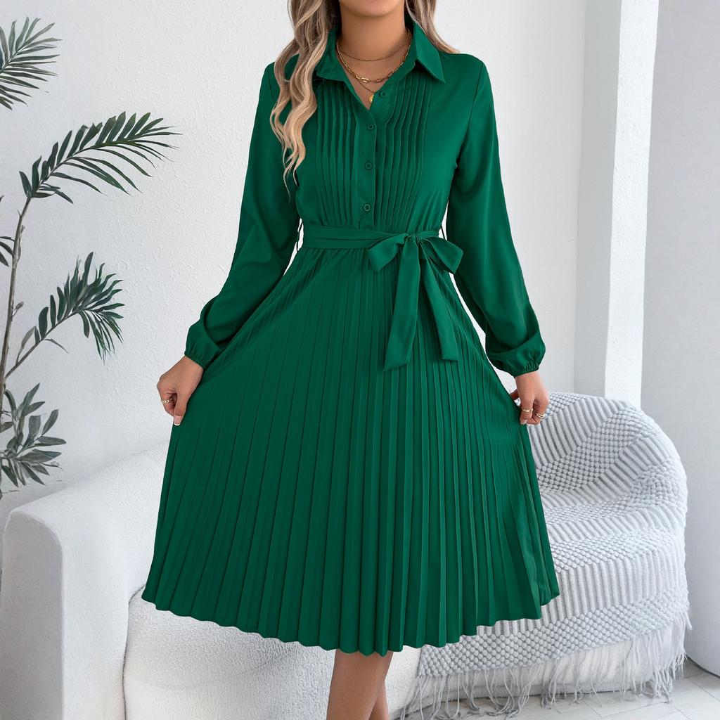 Women's Color Fashion Lapel Long Sleeved And Long dress