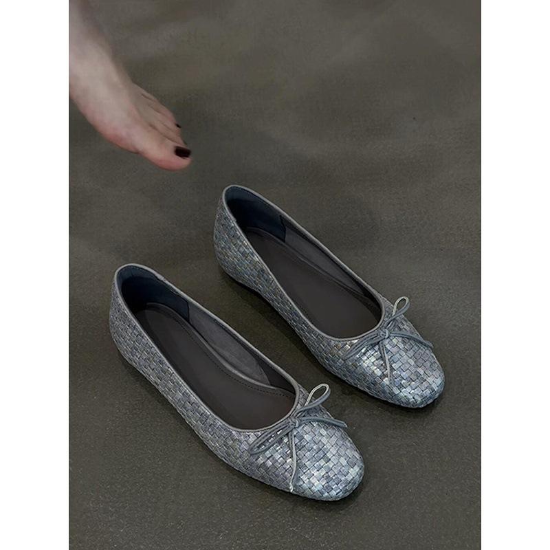Sheepskin Version~ French Retro Bow Woven Flat-bottomed Ballet Shoes Women's Korean Version Leather Versatile Light Mouth Single Shoes