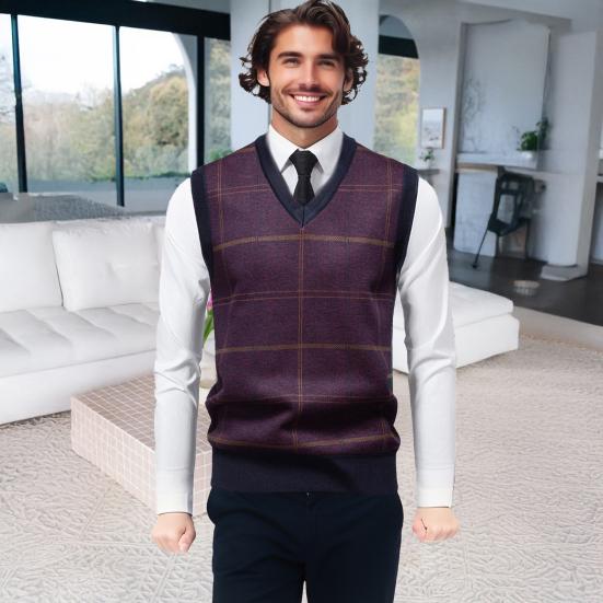 Pánská pletená vesta s výstřihem do V, bez rukávů, kostkovaný vzor, svetr vesta, podzim zima, sametová podšívka, ležérní vesta, pletenina