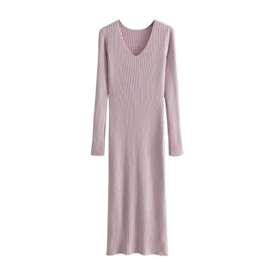 Women's Sweater Dress Fall Long Sleeve V Neck Ribbed Knit Split Long Dress Casual Bodycon Slim Fit Midi Dress