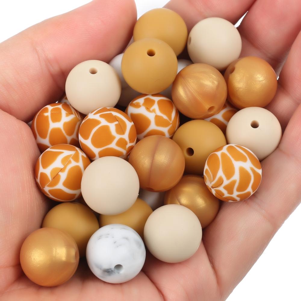 15mm 30Pcs Silicone Beads Round Print Food Grade Teething Beads for Baby Toy Soft Chew Teething DIY Pacifier Clips Necklace