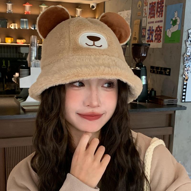 

Japanese Cute Bear Plush Fisherman Hat for Women in Autumn and Winter Thickened Warm Ear Basin Hat Versatile Large Head Hat One Size