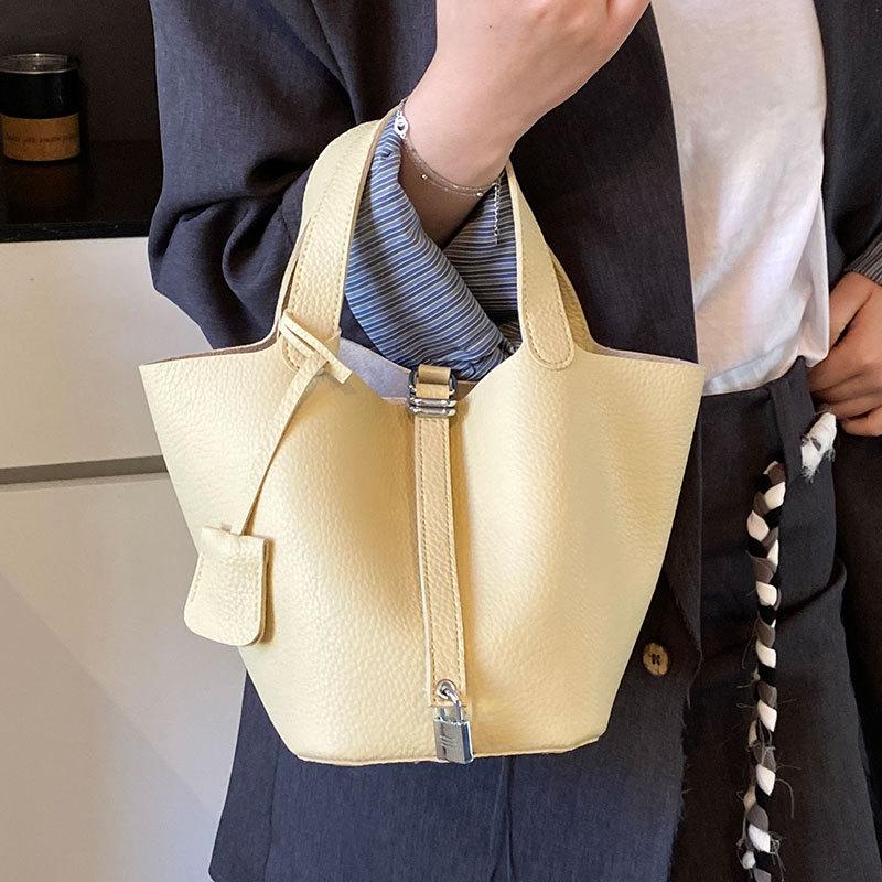 New Trendy Lychee Pattern Texture Portable Bucket Bag High-end Temperament Simple Versatile Handbag Women