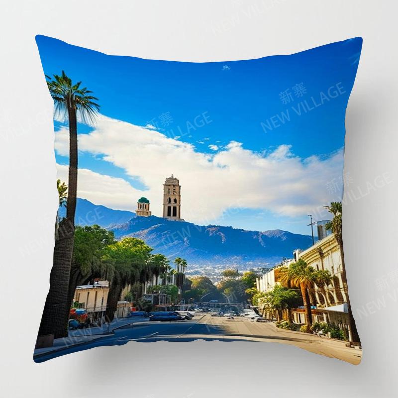 Four Seasons Universal Short Plush Pillow Case Living Room Bedroom Landscape Illustration Architectural Pattern Cushion Cover