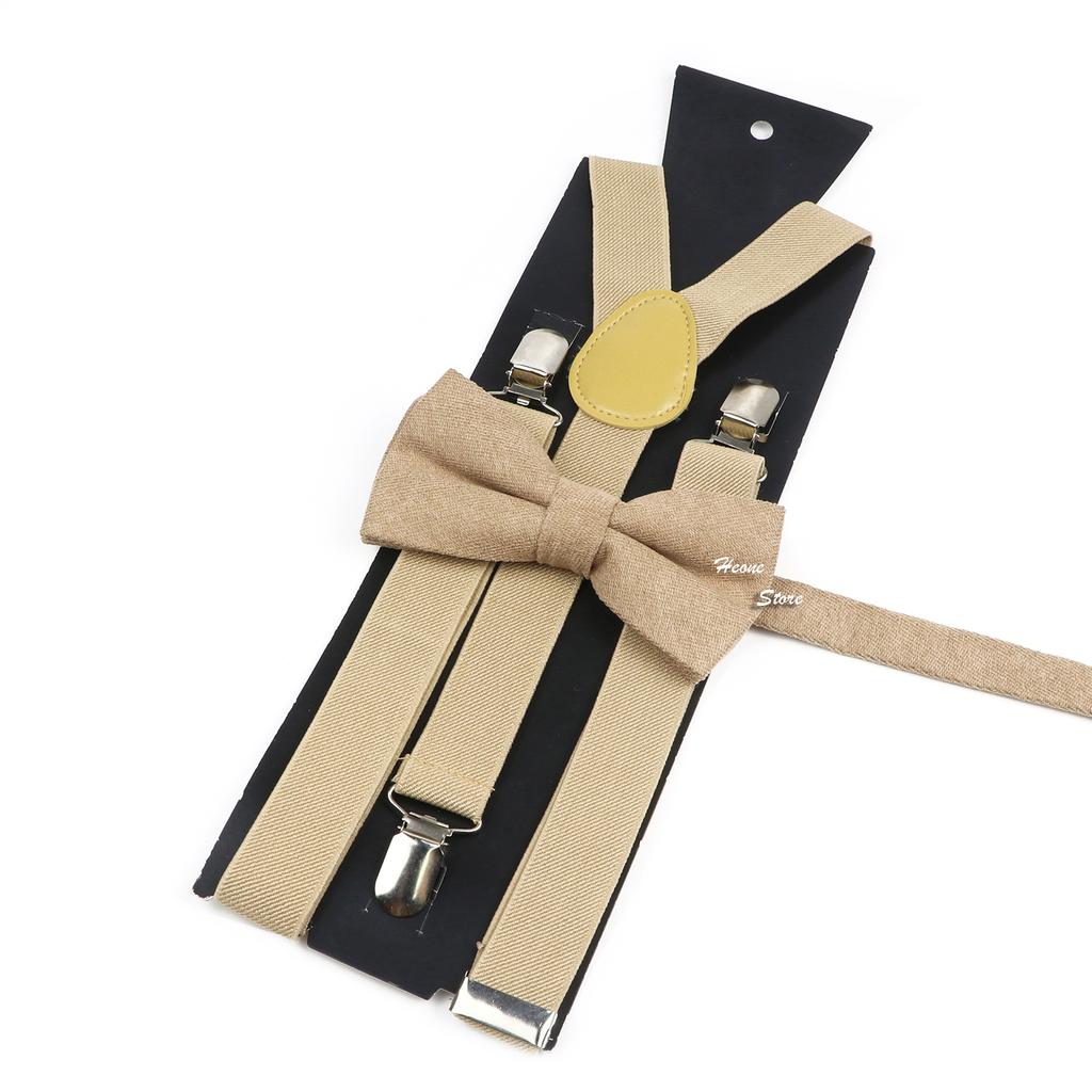 Men Kids Yellow Khaki Brown Suspender Bowtie Set Elastic Adjustable Y-Back Braces Straps Daily Father-Child Braces Accessory