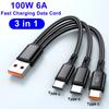 3 In 1 100W 6A USB-A to 3 ×Type-C Fast Charging Data Cable For Samsung S24 Xiaomi Huawei Android Phone USB C Data Transfer Cord