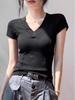 Women's Grey V-Neck Short-Sleeve Cotton T-Shirt: Design-Inspired, Waist-Cinching, Slimming Fit, Ideal Summer Base Layer.