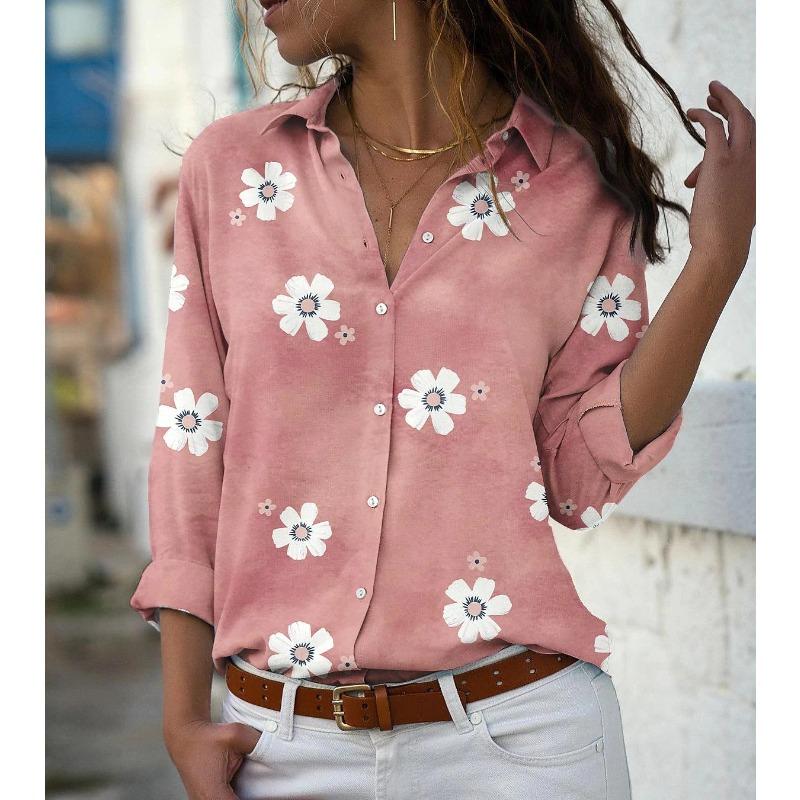 women's Floral Print Turn‑Down Collar Button Down Long Sleeve Loose Casual Blouse Shirt