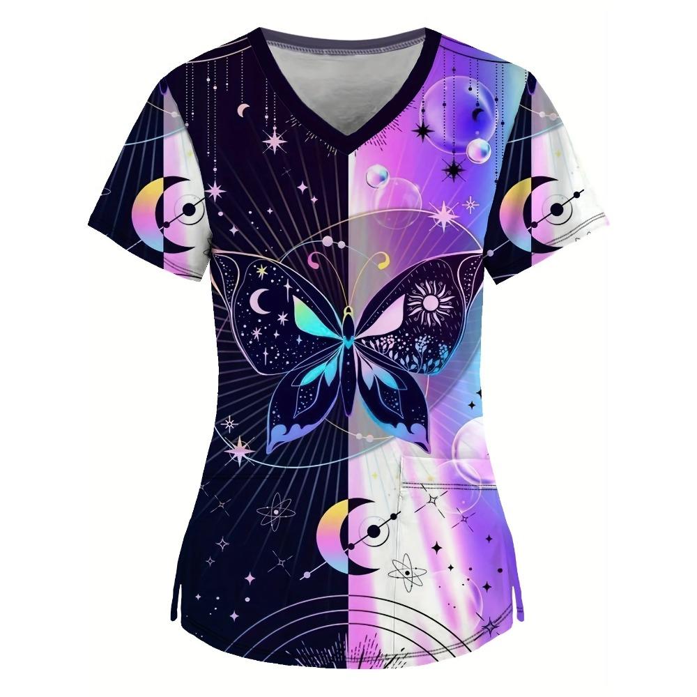 Butterfly Pattern 3D Print Dual Pockets V-neck Top Comfortable  Functional Care Short Sleeve Uniform for Nurse Women's Clothing