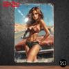 Arte de Parede de Metal Vintage 8x12 polegadas Placa Decorativa Durável com Carro Retrô e Menina Pin-Up