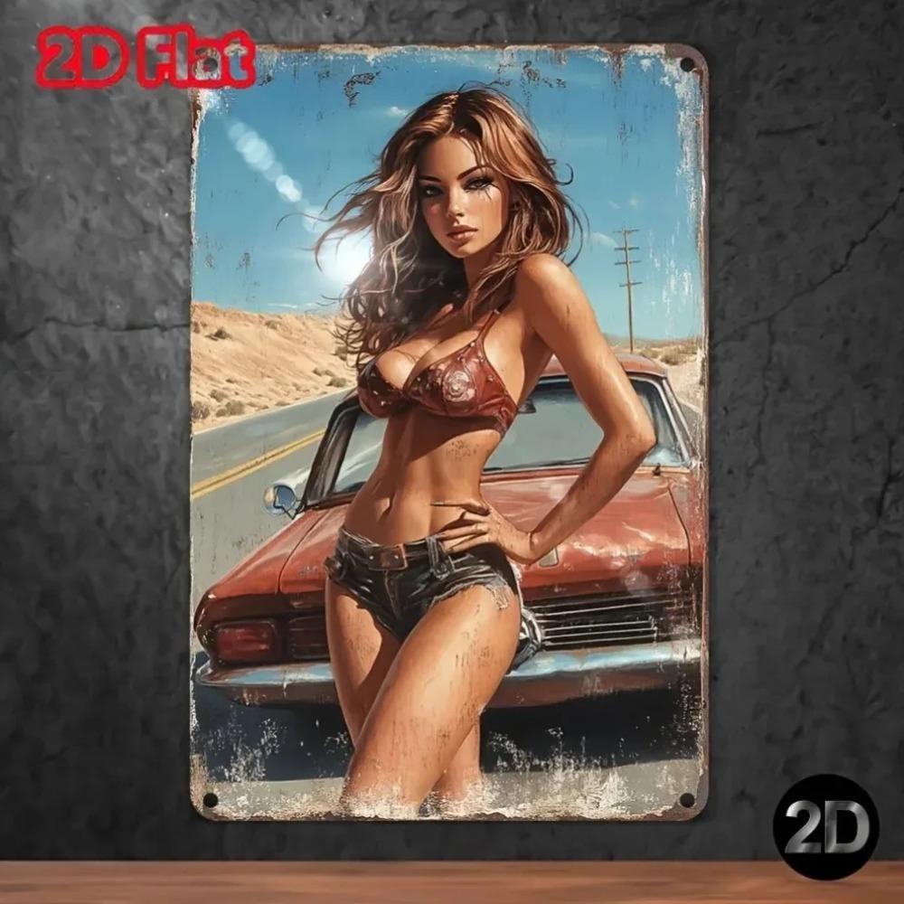Винтажное Металлическое Настенное Искусство 8x12 дюймов Ретро Автомобиль Девушка Пин-ап Вывеска Прочная Табличка Декор 20x30cm