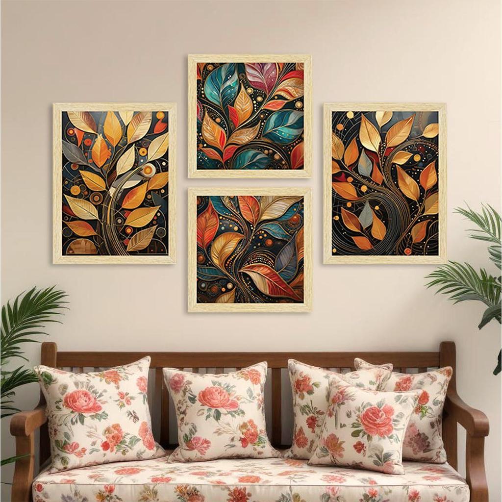 Paper Golden Mystic Leaves Art PaintingsWith Frame for Home Decor, Wall Painting for Living Room, Multicolor, Set of 4