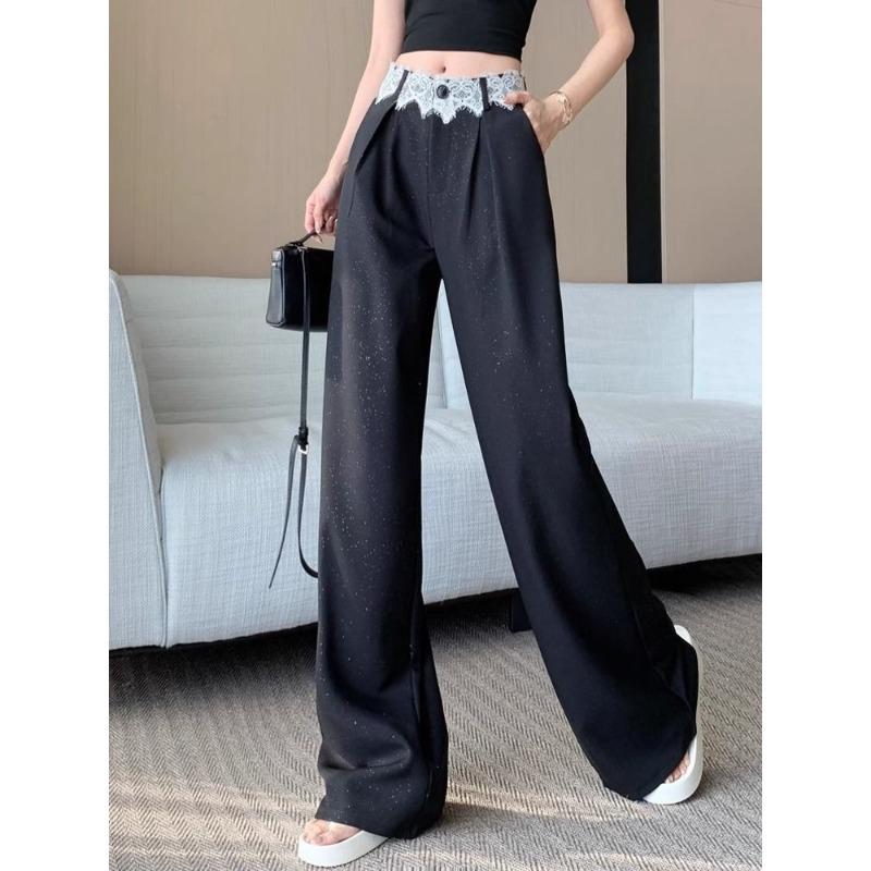 

Black High-end Lace Splicing Suit Pants for Women in Spring High-waisted Wide-leg Pants with Drapey XXL чорний