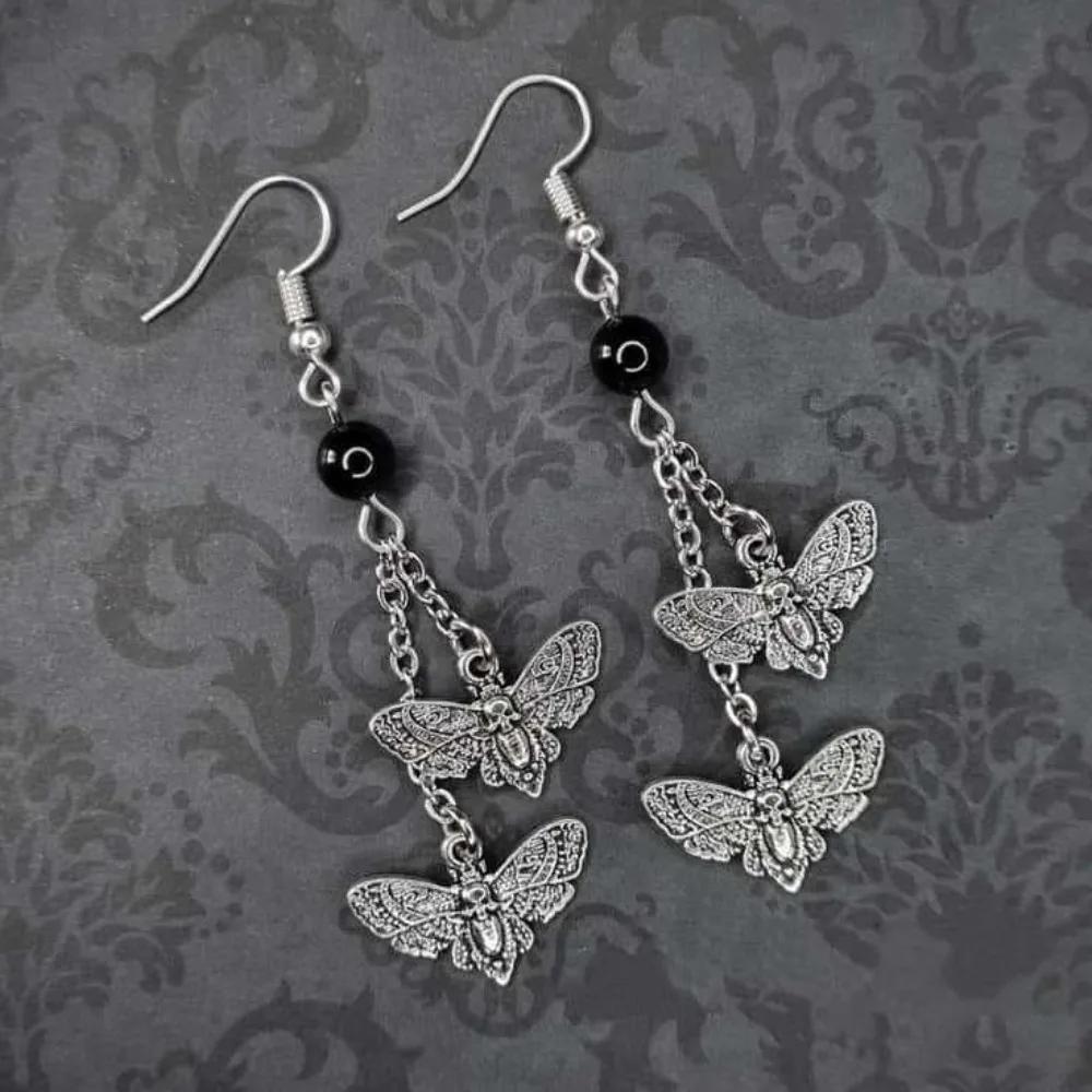 New Punk Gothic Silver Color Death Moth Tassel Pendant Dangle Earrings for Women Halloween Dark Academy Magic Ghost Jewelry Gift